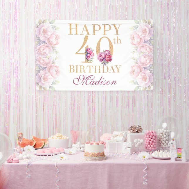 Luxury 40th Birthday Peonies Pink Gold Glitter Banner (Party)