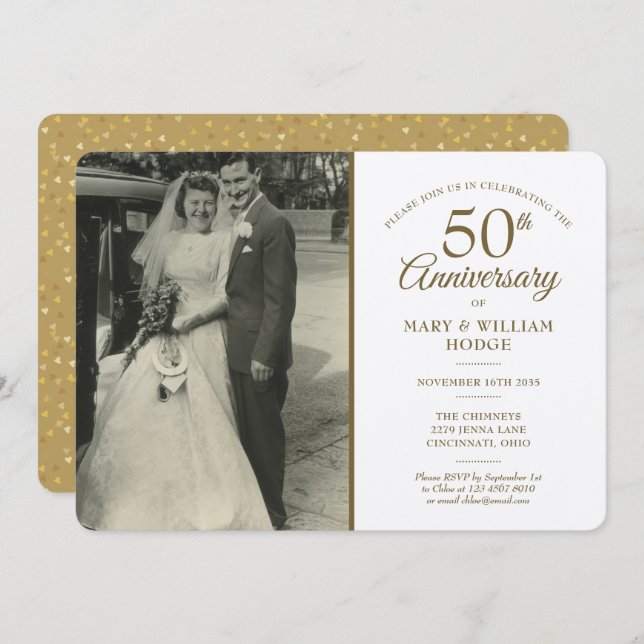 Luxury 50th Anniversary Gold Heart Confetti Photo Invitation (Front/Back)