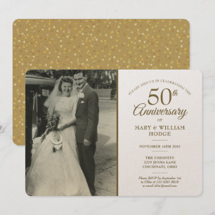 Luxury 50th Anniversary Gold Heart Confetti Photo Invitation