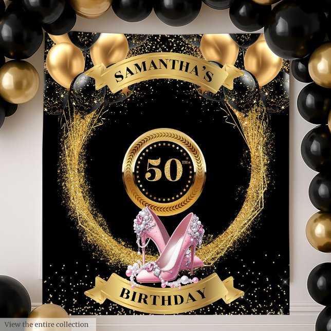 Luxury 50th Birthday Backdrop Pink Glitter Heels Tapestry (Luxury 50th Birthday Backdrop Pink Glitter Heels)