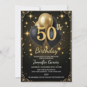 Luxury 50th Birthday Black Gold Balloon Glitter Invitation