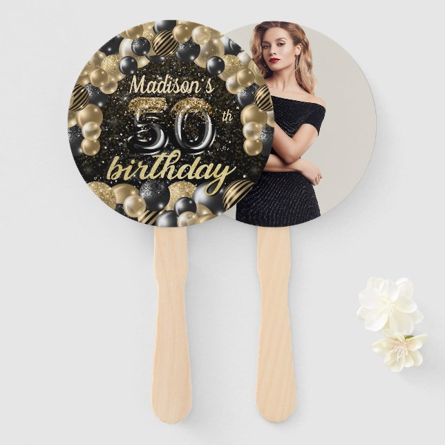 Luxury 50th Birthday Black Gold Photo Hand Fan (Front and Back)