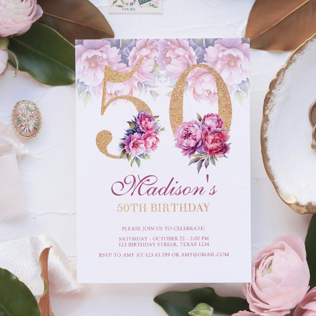 Luxury 50th Birthday Floral Pink Gold Glitter Invitation (Creator Uploaded)