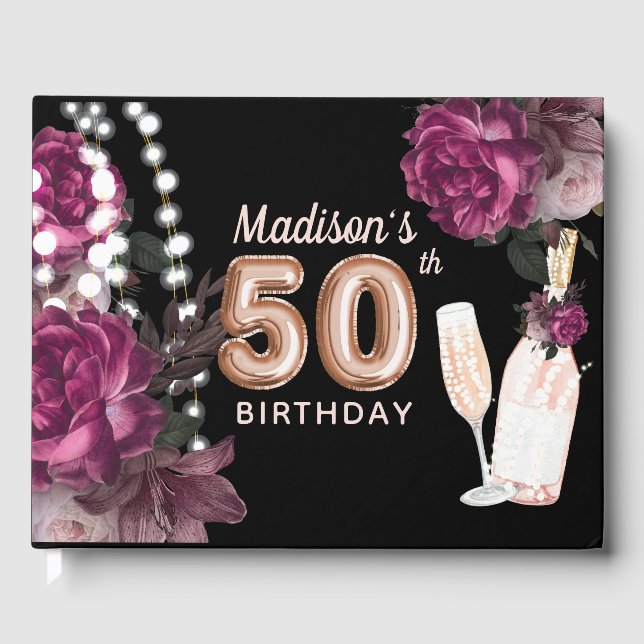 Luxury 50th Birthday Personalised Rose Wine Guest Book (Front)