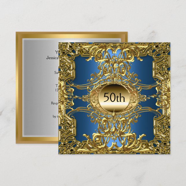 Luxury 50th Gold Blue Birthday Party Gold Blue Invitation (Front/Back)