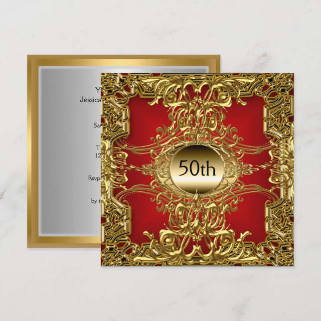 Luxury 50th Gold Red Birthday Party Gold Red Invitation (Front/Back)