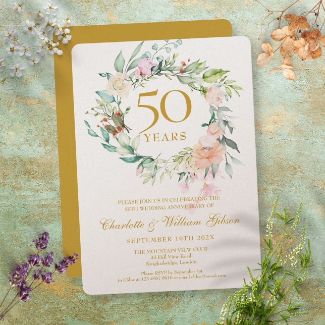 Luxury 50th Golden Wedding Anniversary Floral Invitation (Creator Uploaded)