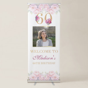 Luxury 60th Birthday Floral Pink Gold Welcome Retractable Banner