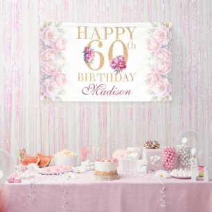 Luxury 60th Birthday Peonies Pink Gold Glitter Banner