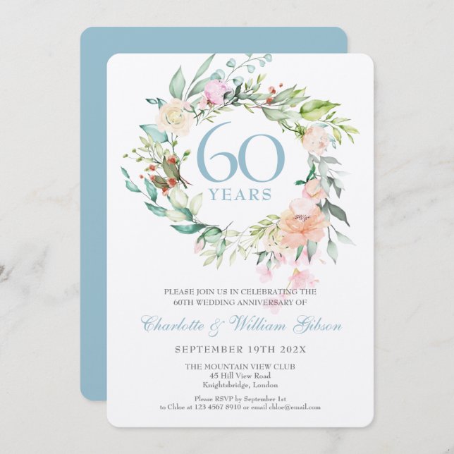 Luxury 60th Diamond Wedding Anniversary Floral Invitation (Front/Back)