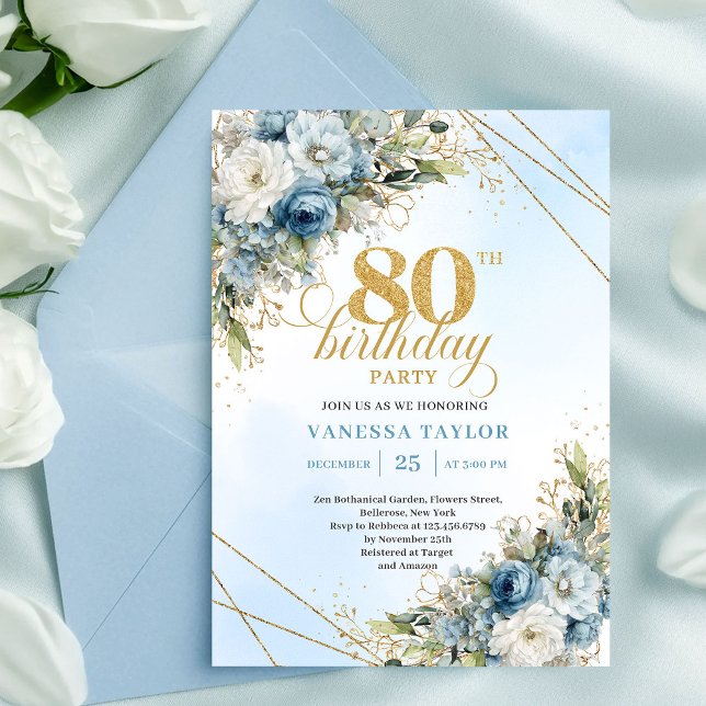 Luxury 80th Birthday Invite Boho Dusty Blue Gold (Luxury 80th Birthday Invite Dusty Blue Gold Watercolor)