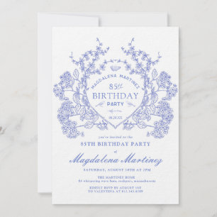 LUXURY 85th Birthday Vintage Blue Floral Crest Invitation