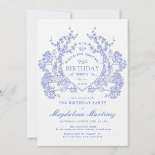 LUXURY 95th Birthday Vintage Blue Floral Crest Invitation