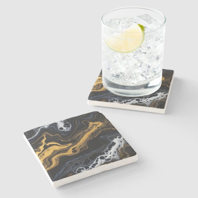 Luxury Abstract Decorative Tiles – Black, Gold &  Stone Coaster (Side)