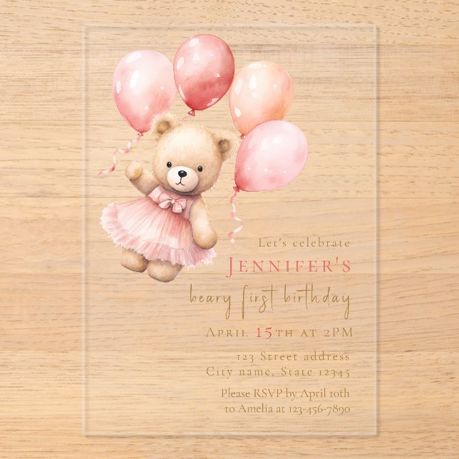 Luxury Acrylic Beary First Birthday Invitation  (Front)