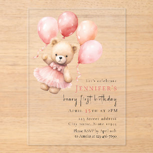 Luxury Acrylic Teddy Bear Girl 1st Birthday Invitations