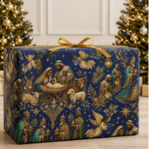 Luxury African American Nativity Christmas Blue  Wrapping Paper