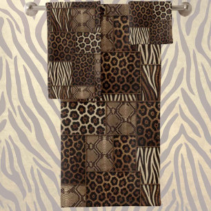 Luxury African Animal Print Brown Faux Glitter Bath Towel Set