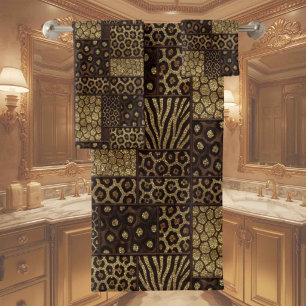 Luxury African Animal Print Dark Brown & Gold Bath Towel Set