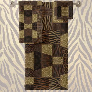 Luxury African Animal Print Dark Brown & Gold Bath Towel Set