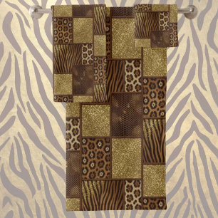 Luxury African Animal Print Dark Brown & Gold Bath Towel Set