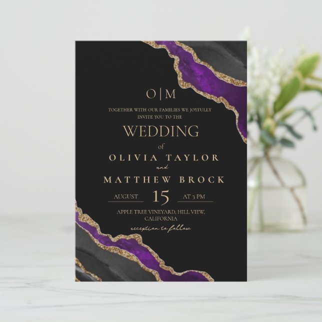 Luxury Agate Black Wedding Invitation (Standing Front)
