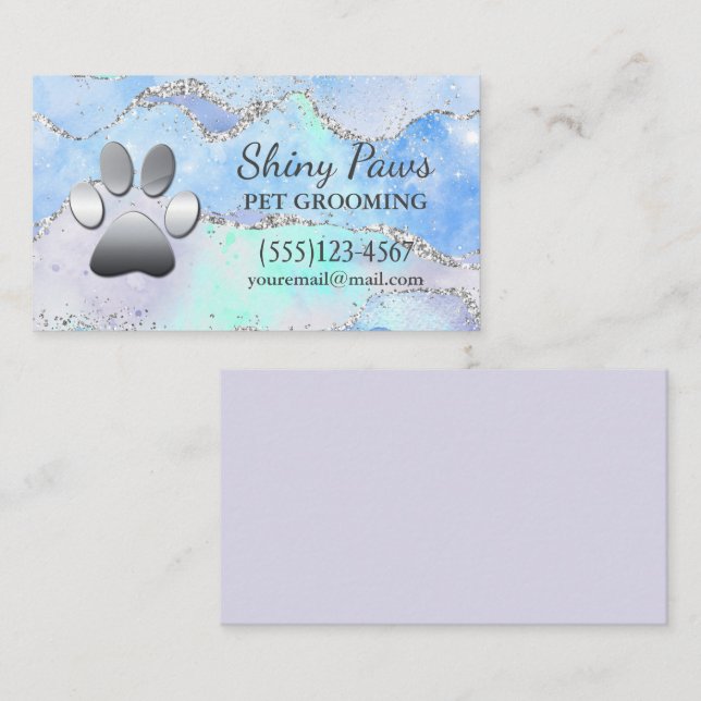 Luxury Agate Glitter Dog Paw Pet Grooming Business Card (Front/Back)