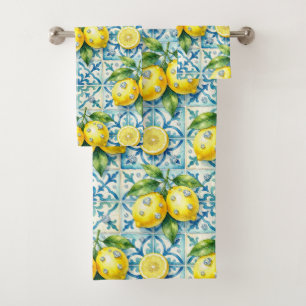 Luxury Amalfi Lemons Diamonds Mediterranean Bath Towel Set