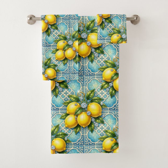 Luxury Amalfi Lemons Diamonds Mediterranean Bath Towel Set (Insitu)