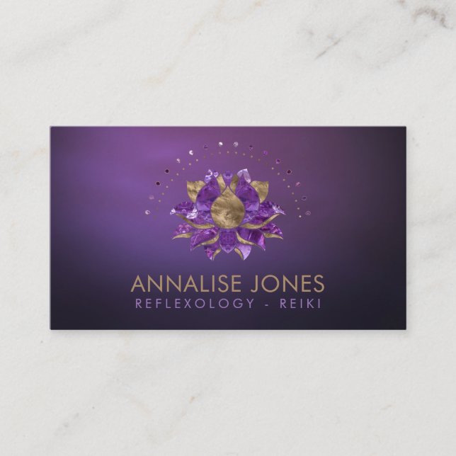 Luxury Amethyst and gold Lotus on purple Business Card (Front)