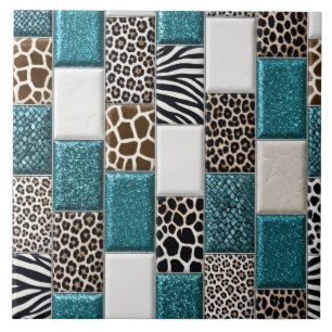 Luxury Animal Print Teal Faux Glitter Tile