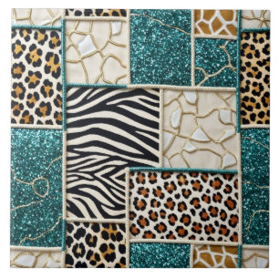 Luxury Animal Print Teal Faux Glitter Tile