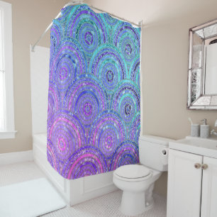 Luxury Aqua and Purple Glitter Dots and Circles Shower Curtain