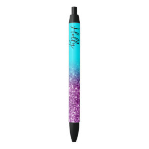 Luxury Aqua and Royal Purple Glitter Ombre Black Ink Pen