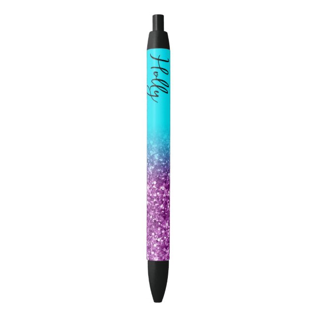 Luxury Aqua and Royal Purple Glitter Ombre Black Ink Pen (Front Vertical)