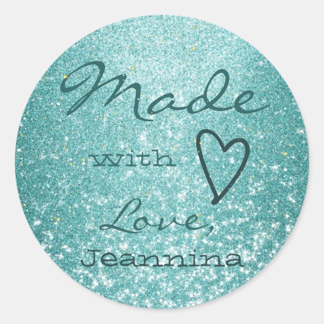 Luxury Aqua Blue Glitter Made with Love Heart Cute Classic Round Sticker (Front)