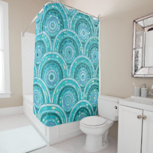Luxury Aqua Glitter Dots and Circles Shower Curtain