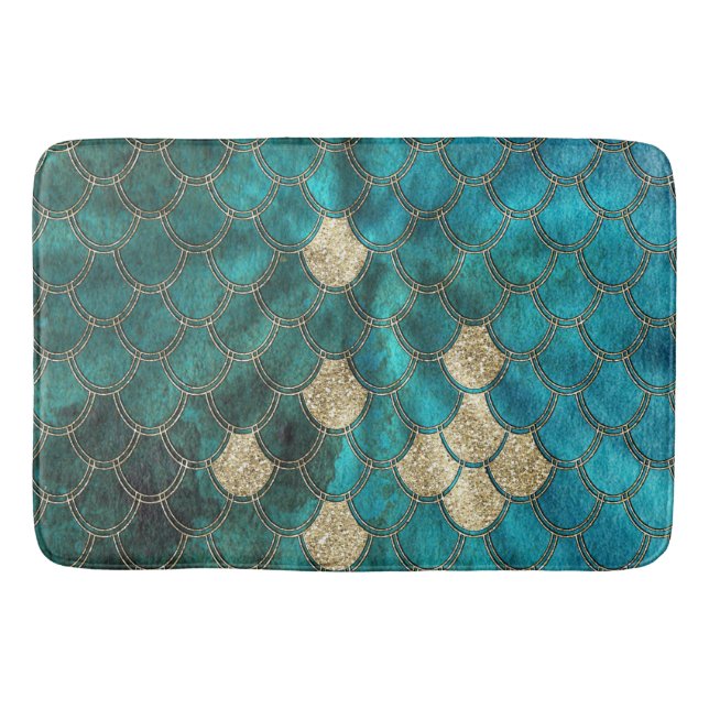 Luxury Aqua Green Mermaid Scales with Gold Glitter Bath Mat (Front)