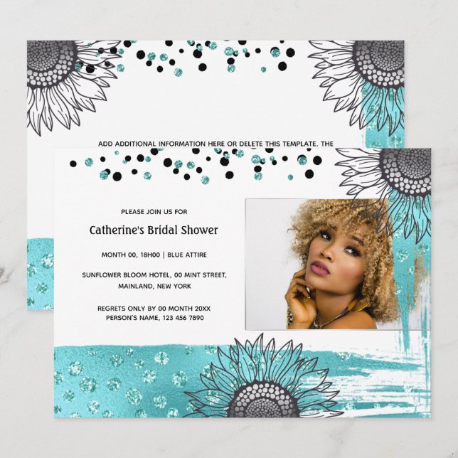 Luxury aqua grey confetti glitter sunflower party invitation (Front/Back)