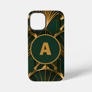 Luxury Art Deco Emerald Green Gold Monogram iPhone 12 Mini Case