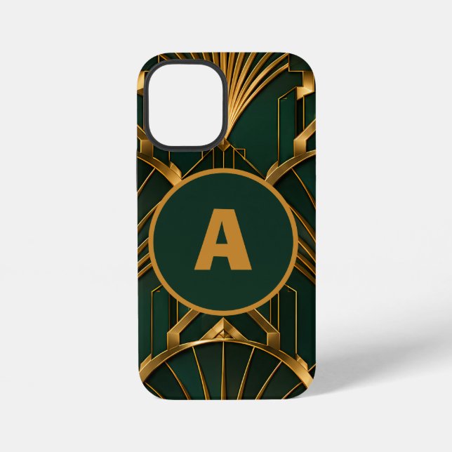 Luxury Art Deco Emerald Green Gold Monogram iPhone Case (Back)