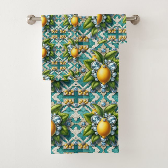 Luxury Art Deco Lemons Diamonds  Bath Towel Set (Insitu)