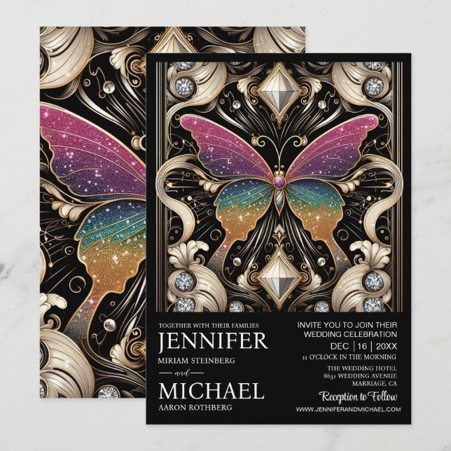 Luxury Art Deco Rainbow Butterfly Wedding  Invitation (Front/Back)
