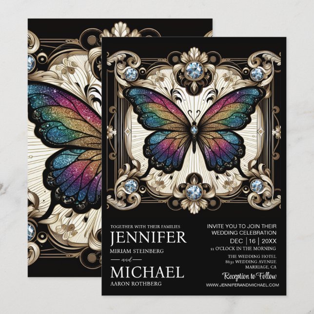 Luxury Art Deco Rainbow Butterfly Wedding  Invitation (Front/Back)