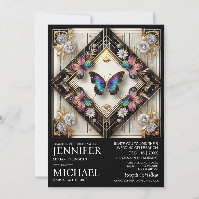 Luxury Art Deco Rainbow Butterfly Wedding  Invitation (Front)