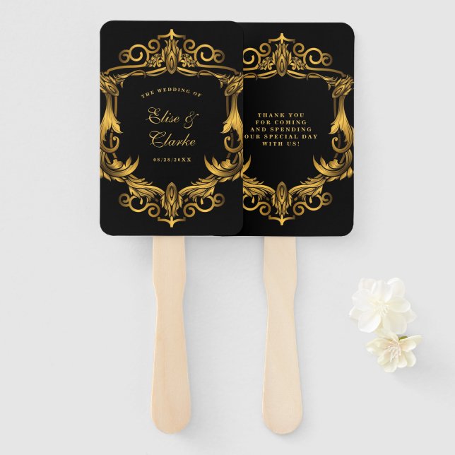Luxury Art Nouveau Black and Gold Royal Wedding Hand Fan (Front and Back)