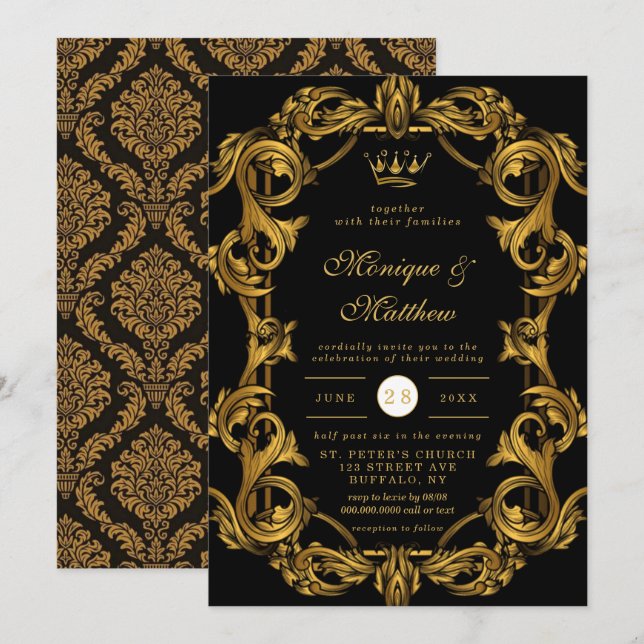 Luxury Art Nouveau Black Gold Royal Wedding Invitation (Front/Back)