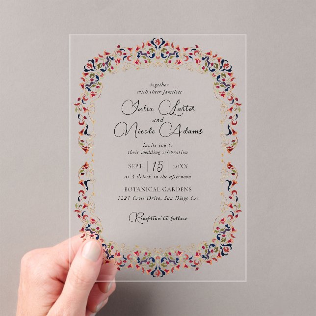 Luxury Artistic Botanical Floral Paisley Wedding Acrylic Invitations (Insitu (Handheld))