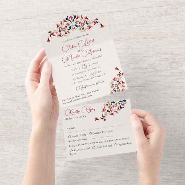 Luxury Artistic Botanical Floral Paisley Wedding All In One Invitation (Tearaway)