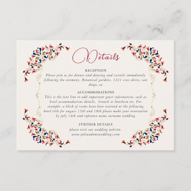 Luxury Artistic Botanical Floral Paisley Wedding Enclosure Card (Front)